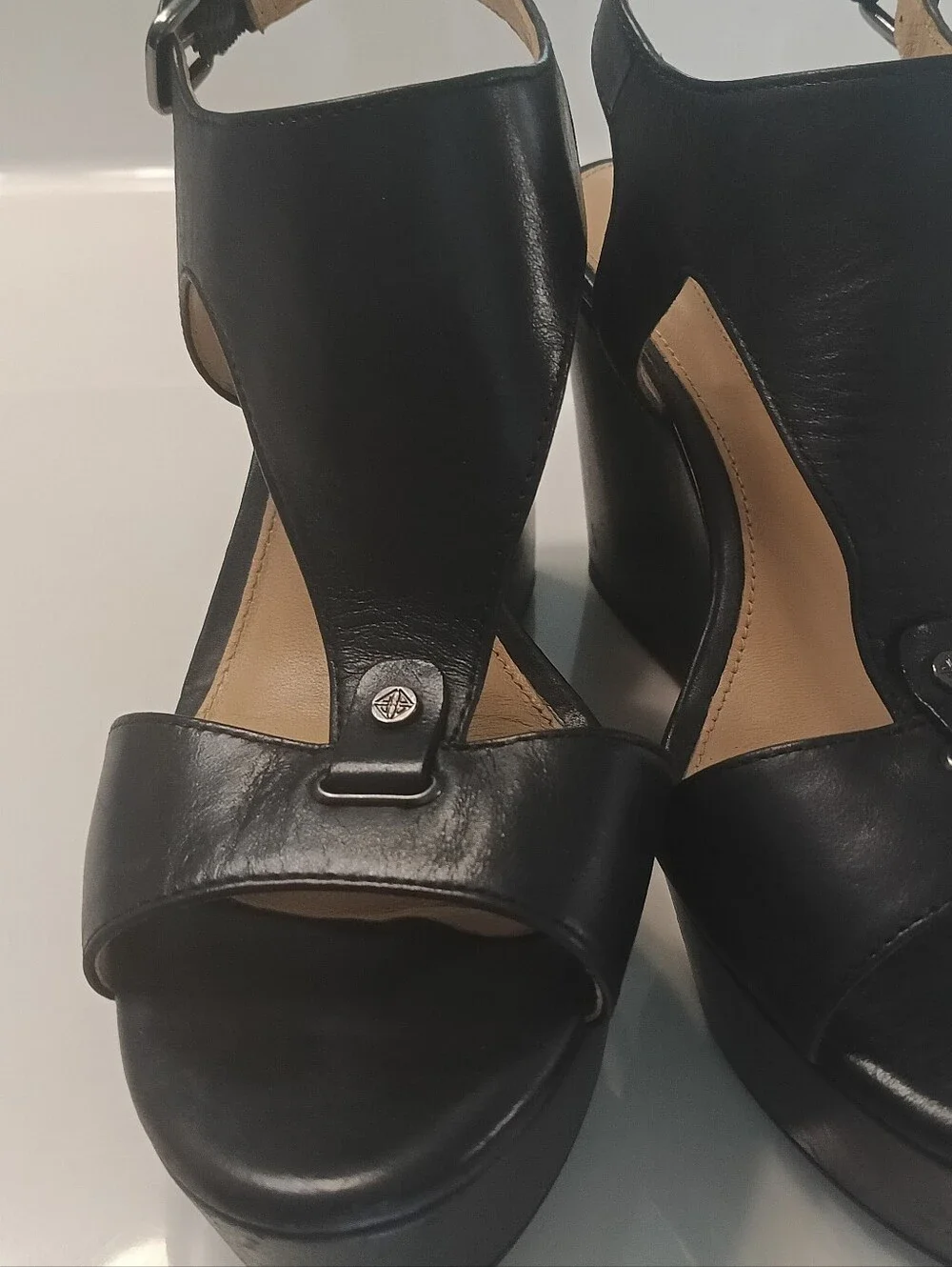 Antonio Melani Black Leather Platform Wedge Sandals Size 6.5 Ankle Strap